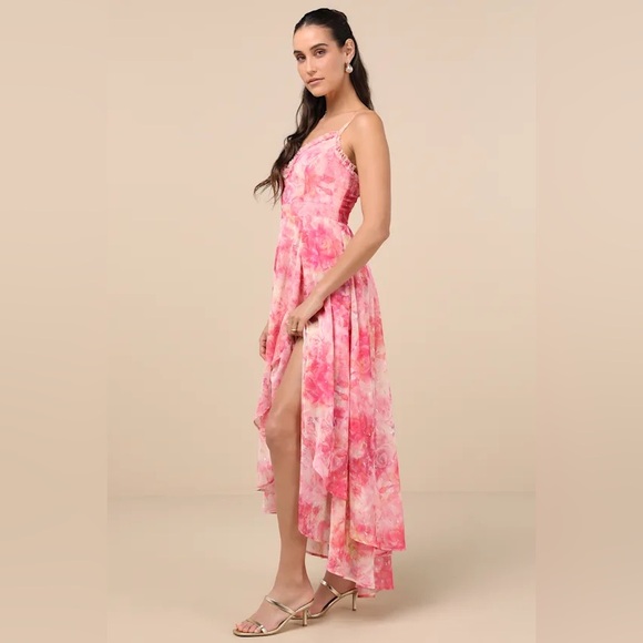 Lulus Desdra pink floral ruffle tiered high low maxi dress - Picture 2 of 4